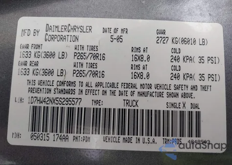 2005 Dodge Dakota Slt from USA, damaged, VIN 1D7HW42NX5S295577